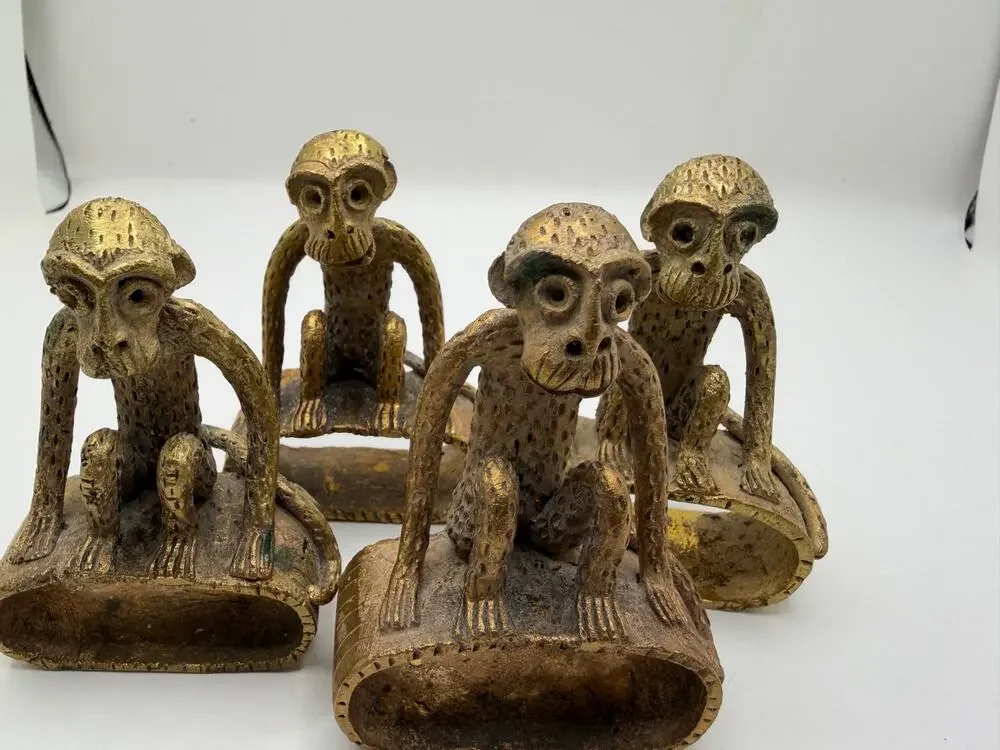 Vintage Brass Monkey Napkin Rings Set of 4 Heavy Cast Metal Figural Table Decor